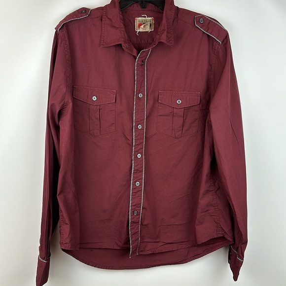 Vintage RED | Men’s L Large Cotton Maroon Grey Trim Long Sleeve Shirt Button - Picture 1 of 6